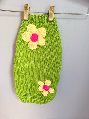 Green Floral Knit dog Sweater with Crochet Flower Accents